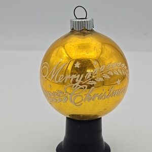 VINTAGE SHINY BRITE MERRY CHRISTMAS STENCIL ORNAMENT Yellow 2" SIZE